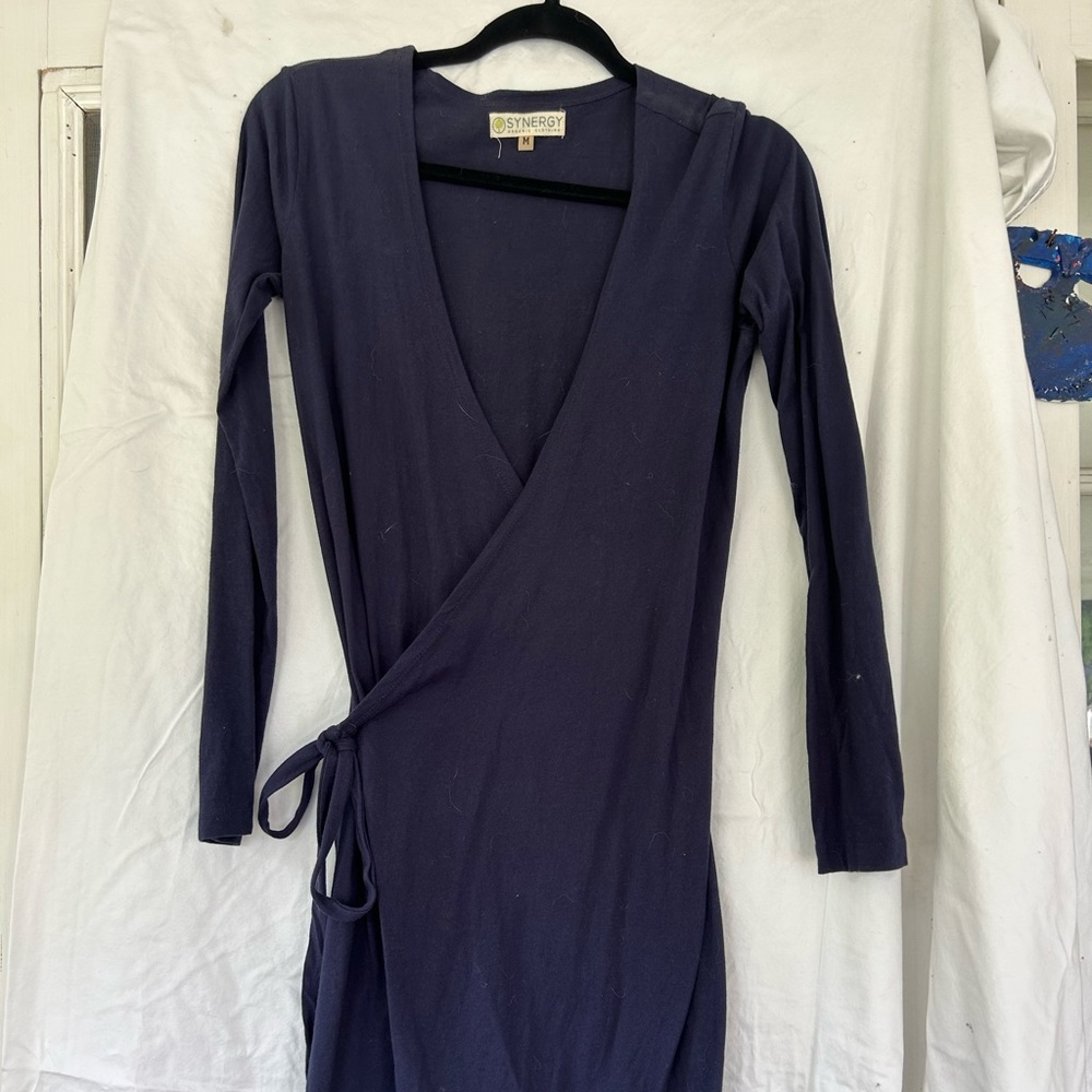 Synergy long sleeve wrap dress w embroidered trees
